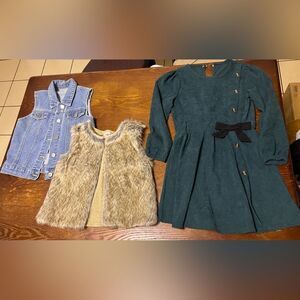 Bundle of Girls Vest Dress 7Y Warm Holiday Casual Outfits Green Tan Denim Blue